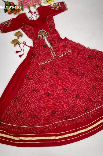 Navratri Red Mirror Work Lehenga Choli in Cotton Poly