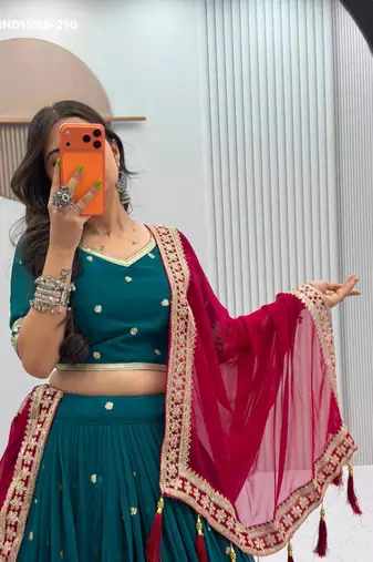 Navratri Teal Embroidered Lehenga Choli in Georgette
