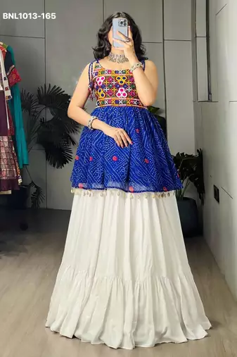 Navratri White Mirror Work Lehenga Choli in Cotton Poly