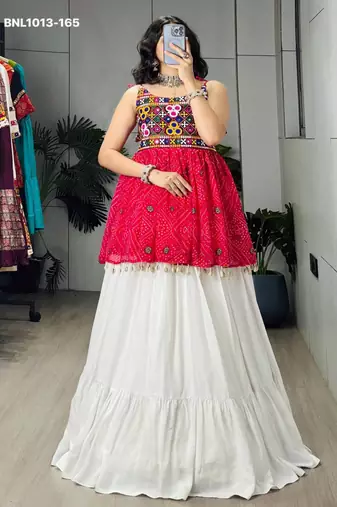 Navratri White Mirror Work Lehenga Choli in Cotton Poly