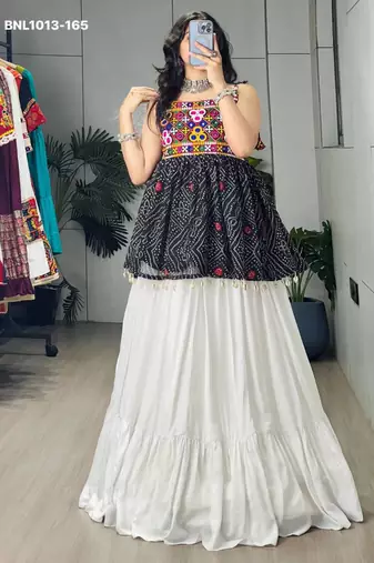 Navratri White Mirror Work Lehenga Choli in Cotton Poly