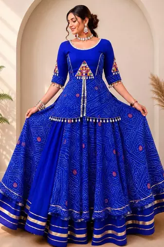 Navratri Blue Mirror Work Lehenga Choli in Cotton Poly