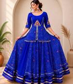 Navratri Blue Mirror Work Lehenga Choli in Cotton Poly