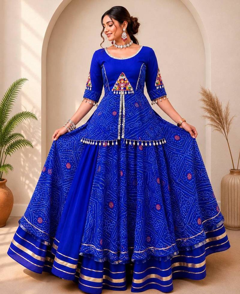 Navratri Blue Mirror Work Lehenga Choli in Cotton Poly