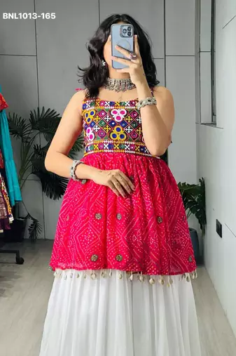 Navratri White Mirror Work Lehenga Choli in Cotton Poly