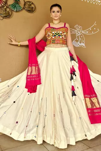 Navratri White Mirror Work Lehenga Choli in Cotton Poly