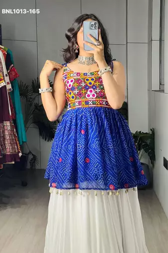 Navratri White Mirror Work Lehenga Choli in Cotton Poly