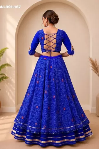Navratri Blue Mirror Work Lehenga Choli in Cotton Poly