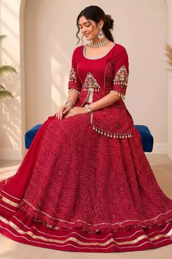 Navratri Red Mirror Work Lehenga Choli in Cotton Poly