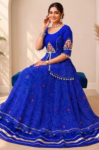 Navratri Blue Mirror Work Lehenga Choli in Cotton Poly