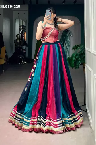 Navratri Multicolor Embroidered Lehenga Choli in Silk Blend