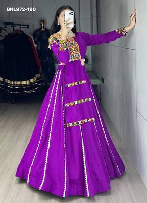 Navratri Purple Mirror Work Lehenga Choli in Cotton Poly 1