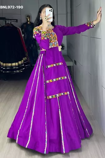 Navratri Purple Mirror Work Lehenga Choli in Cotton Poly