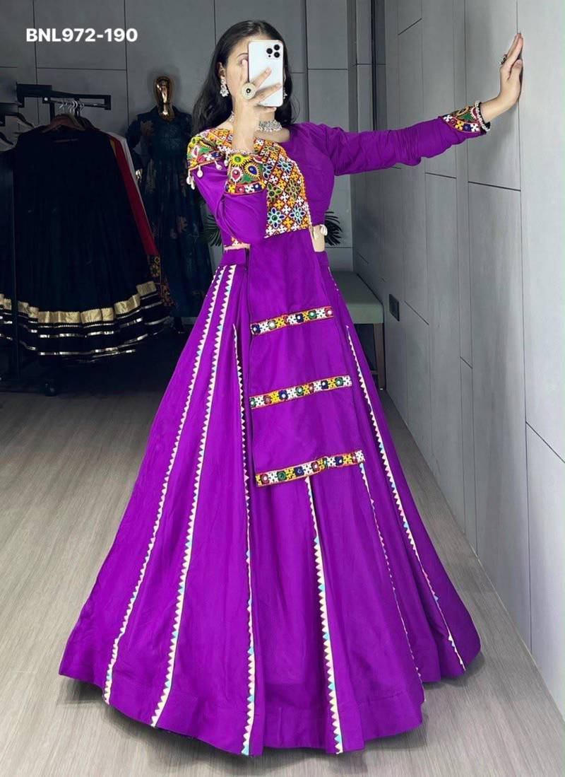 Navratri Purple Mirror Work Lehenga Choli in Cotton Poly