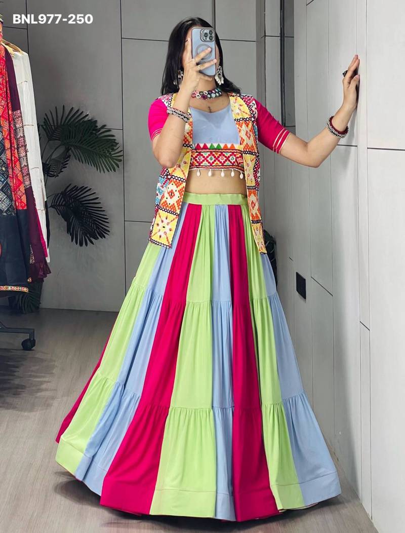 Navratri Multicolor Mirror Work Lehenga Choli in Cotton Poly