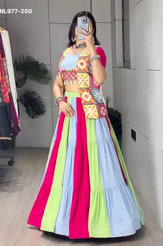Navratri Multicolor Mirror Work Lehenga Choli in Cotton Poly