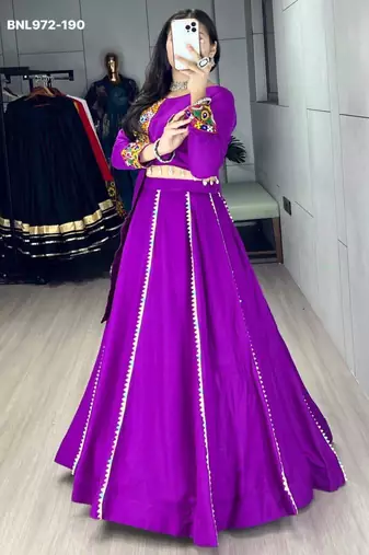 Navratri Purple Mirror Work Lehenga Choli in Cotton Poly