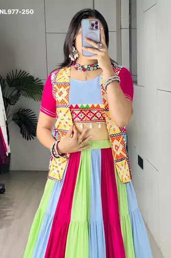 Navratri Multicolor Mirror Work Lehenga Choli in Cotton Poly