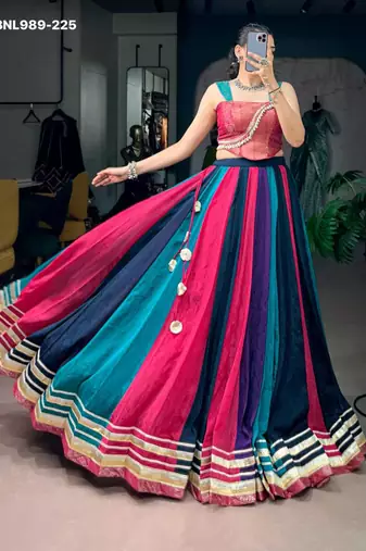 Navratri Multicolor Embroidered Lehenga Choli in Silk Blend