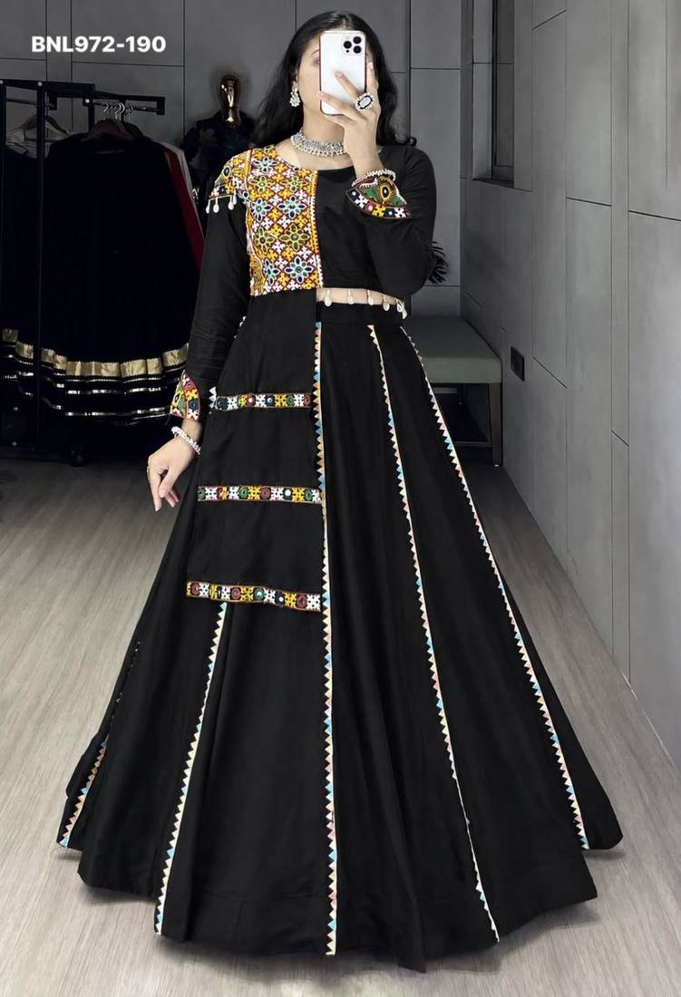 Navratri Black Mirror Work Lehenga Choli in Cotton Poly