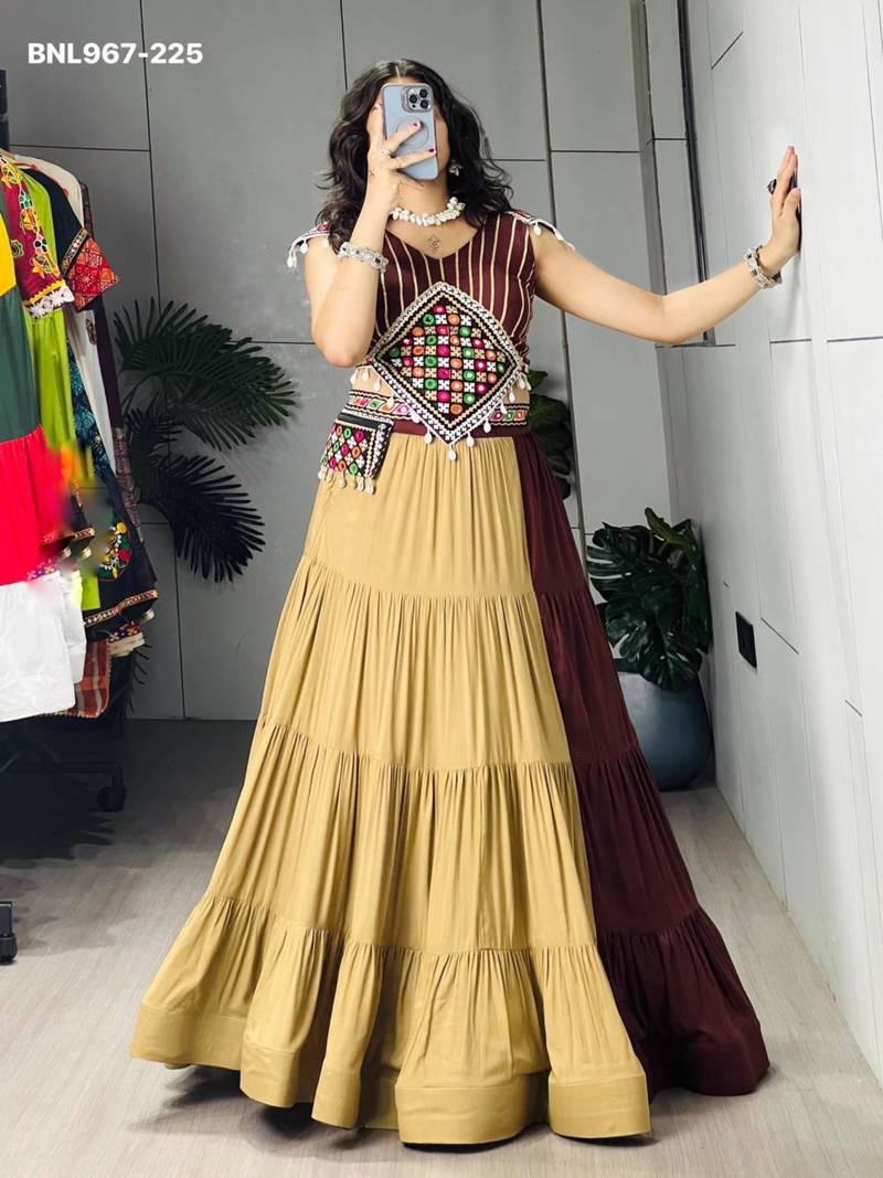 Navratri Beige Mirror Work Lehenga Choli in Cotton Poly