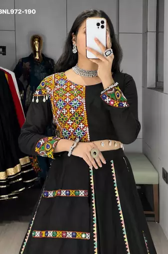 Navratri Black Mirror Work Lehenga Choli in Cotton Poly