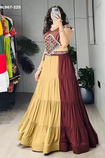 Navratri Beige Mirror Work Lehenga Choli in Cotton Poly