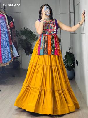 Navratri Mustard Mirror Work Lehenga Choli in Cotton Poly 1