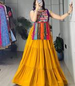 Navratri Mustard Mirror Work Lehenga Choli in Cotton Poly