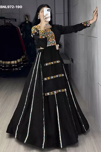 Navratri Black Mirror Work Lehenga Choli in Cotton Poly