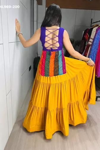 Navratri Mustard Mirror Work Lehenga Choli in Cotton Poly