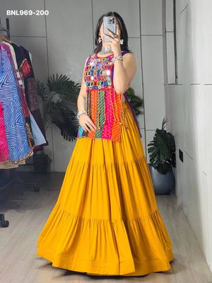 Navratri Mustard Mirror Work Lehenga Choli in Cotton Poly 4