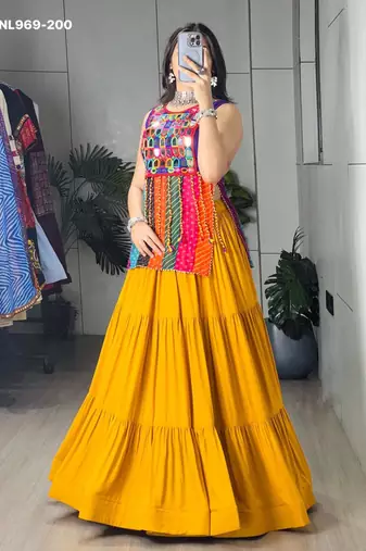 Navratri Mustard Mirror Work Lehenga Choli in Cotton Poly