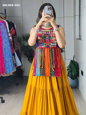 Navratri Mustard Mirror Work Lehenga Choli in Cotton Poly 5