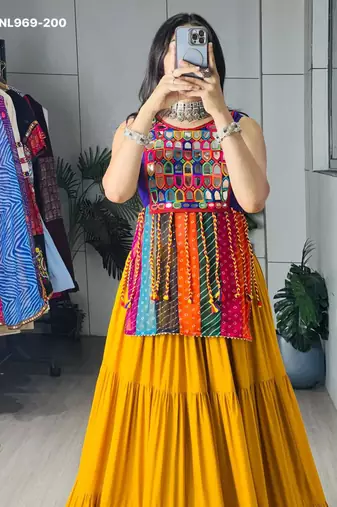 Navratri Mustard Mirror Work Lehenga Choli in Cotton Poly