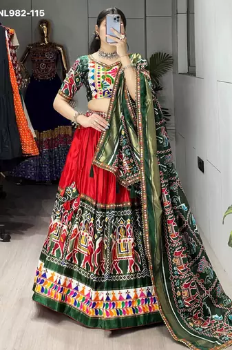 Navratri Red Mirror Work Lehenga Choli in Silk Blend