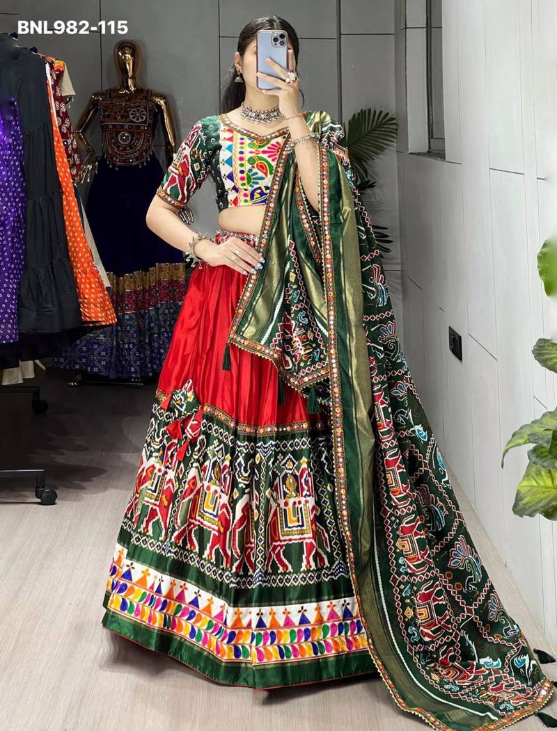 Navratri Red Mirror Work Lehenga Choli in Silk Blend