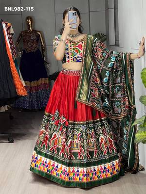 Navratri Red Mirror Work Lehenga Choli in Silk Blend 2