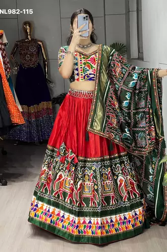 Navratri Red Mirror Work Lehenga Choli in Silk Blend