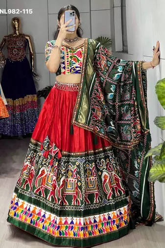 Navratri Red Mirror Work Lehenga Choli in Silk Blend