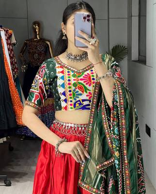 Navratri Red Mirror Work Lehenga Choli in Silk Blend 4