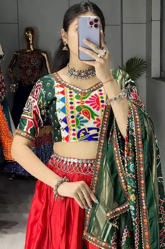 Navratri Red Mirror Work Lehenga Choli in Silk Blend