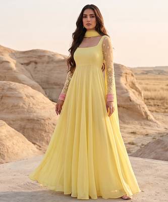 Yellow anarkali gown with embroidered net sleeves & dupatta 1