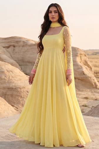 Yellow anarkali gown with embroidered net sleeves & dupatta