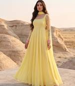 Yellow anarkali gown with embroidered net sleeves & dupatta