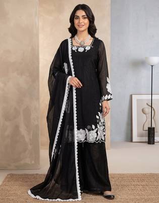 Black & white embroidered designer kurta palazzo set with  dupatta 1