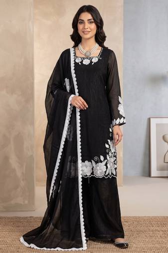 Black & white embroidered designer kurta palazzo set with  dupatta