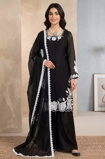 Black & white embroidered designer kurta palazzo set with  dupatta