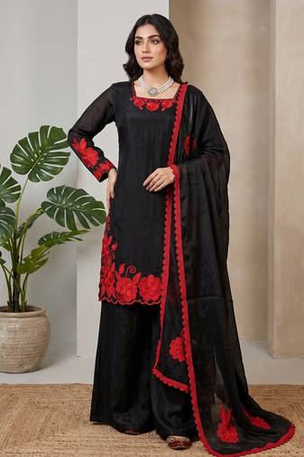 Black & red embroidered designer kurta palazzo set with  dupatta