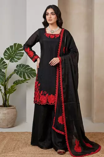 Black & red embroidered designer kurta palazzo set with  dupatta